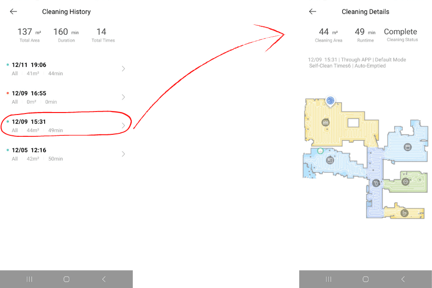 Statistics on past cleaning runs are displayed in the Dreamehome App.